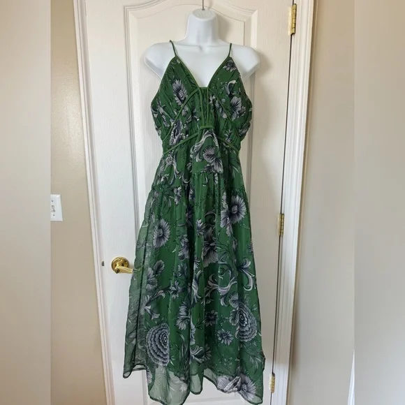 Large Anthropologie Penny Green Floral V-neck Midi Dress - Picture 3 of 10